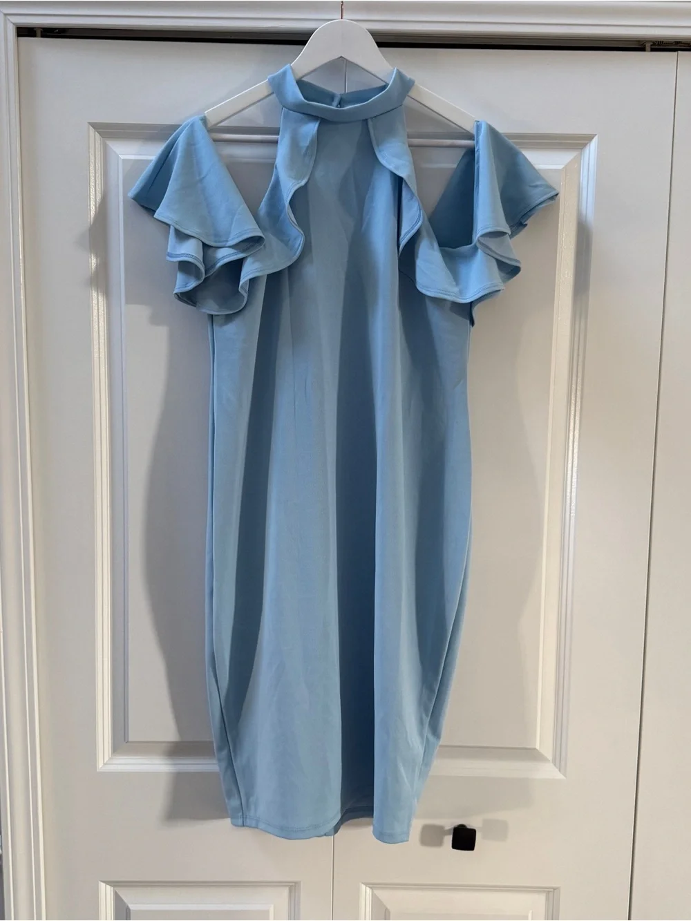 Pinkblush Maternity Light Blue Midi Dress with Ruffle Cold-Shoulder, Size XL